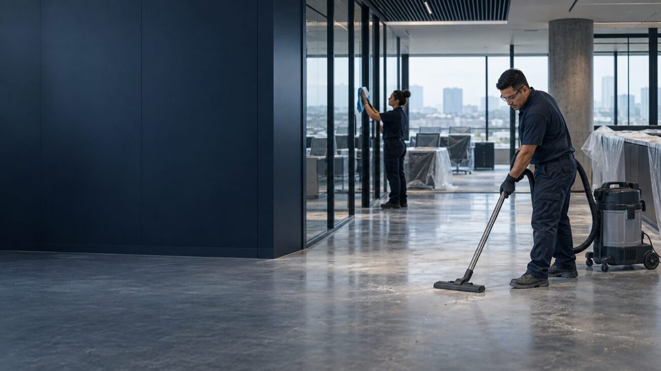 Cleaning crew vacuuming floors and wiping glass in a newly finished commercial interior.