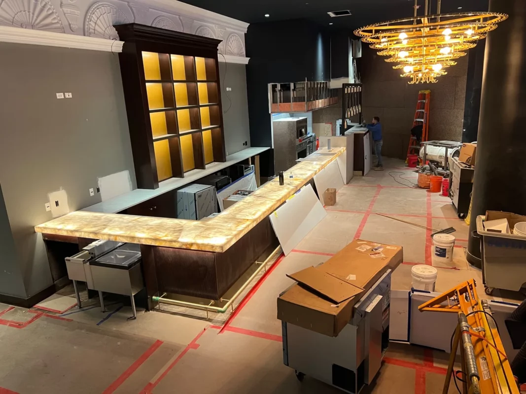 Commercial bar remodel during installation, before the finished walkthrough.