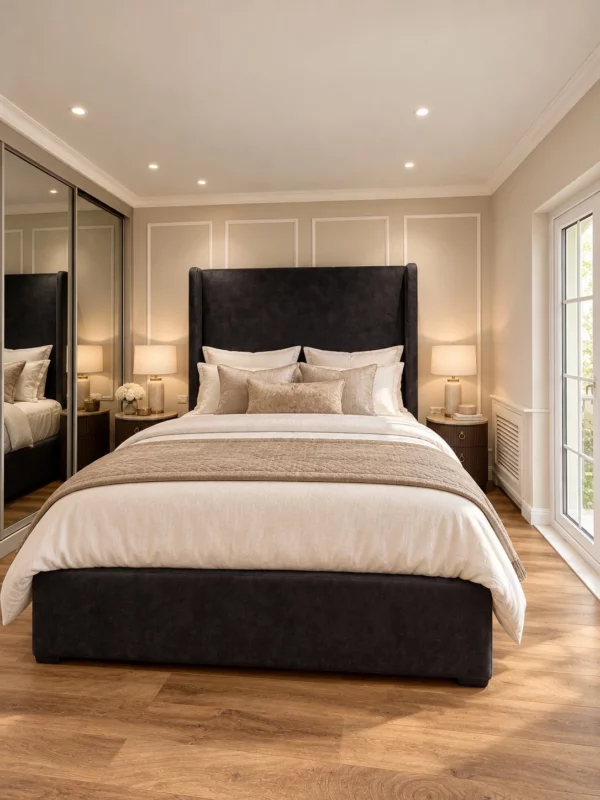 Dark upholstered headboard, ivory bedding, bedside lamps and mirrored wardrobe.