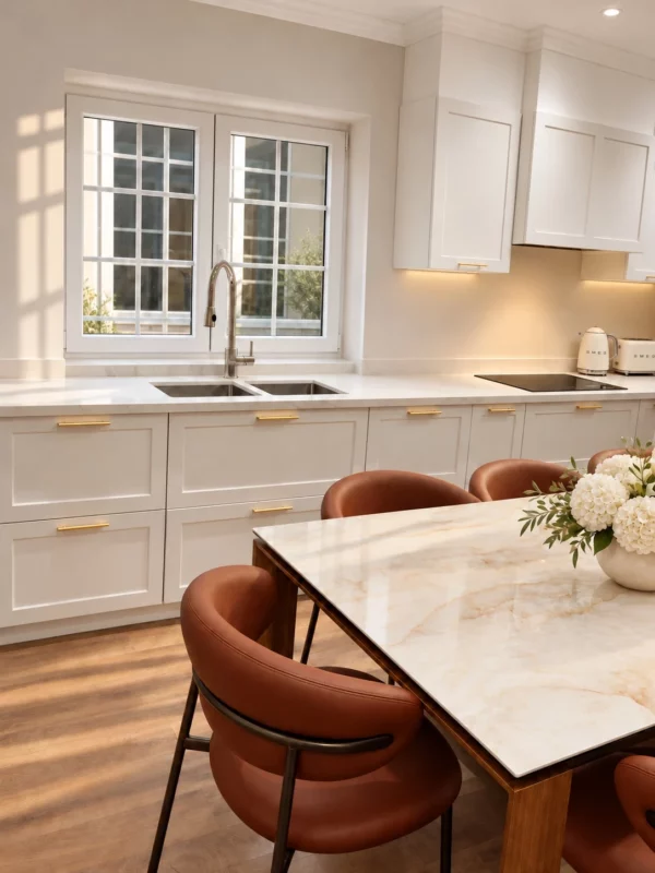 White kitchen cabinetry, ivory countertop appliances, stone dining table and cognac chairs.