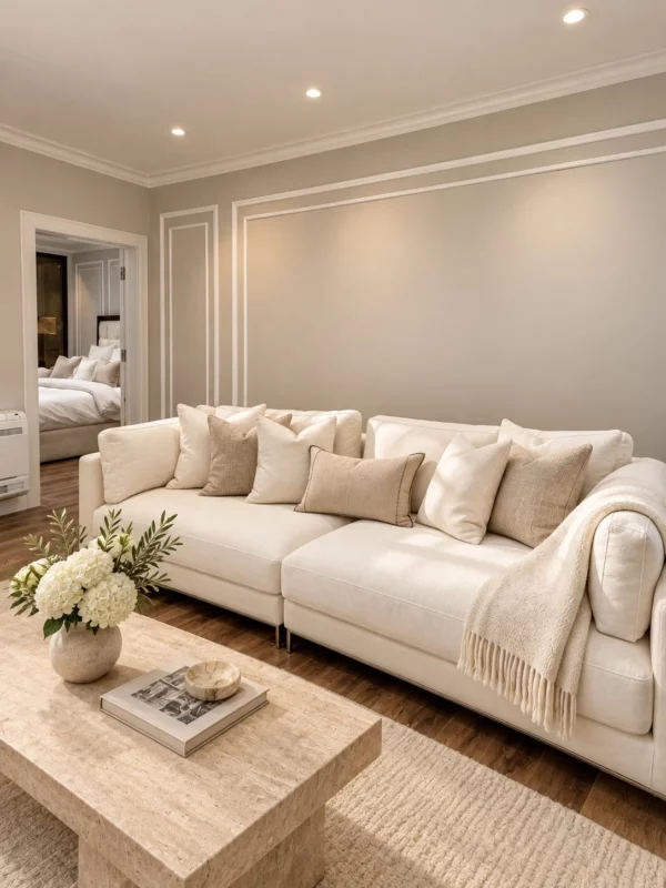 Ivory sofa, neutral cushions, stone coffee table and paneled living-room walls.