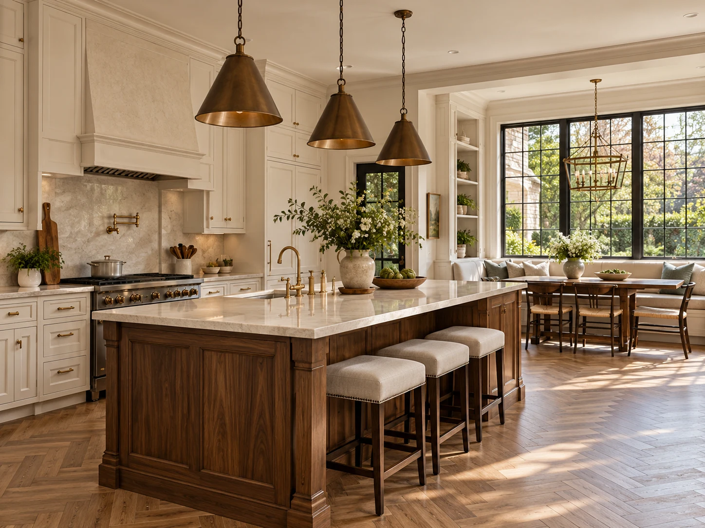 Kitchen design concept with ivory cabinets, walnut island, bronze pendants and a garden-facing dining nook.