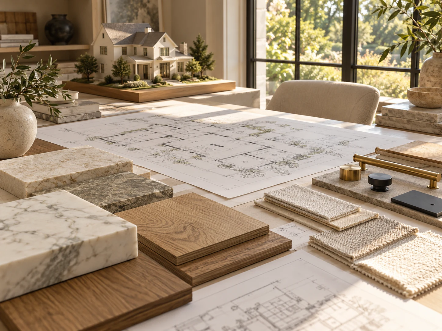 Residential floor plans with oak, stone, fabric and hardware samples on a sunlit design table.