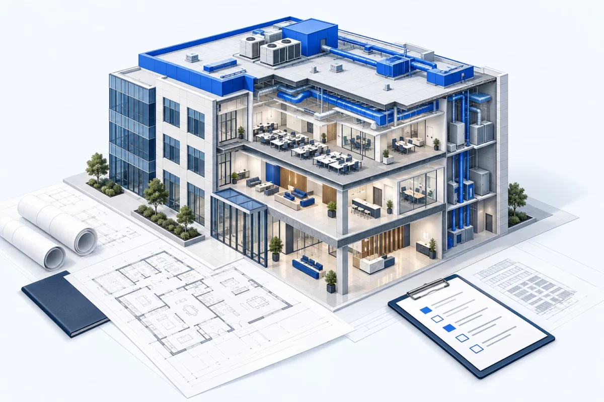 Illustration of a commercial building cutaway with roof equipment, floor plans, and a project scope checklist.