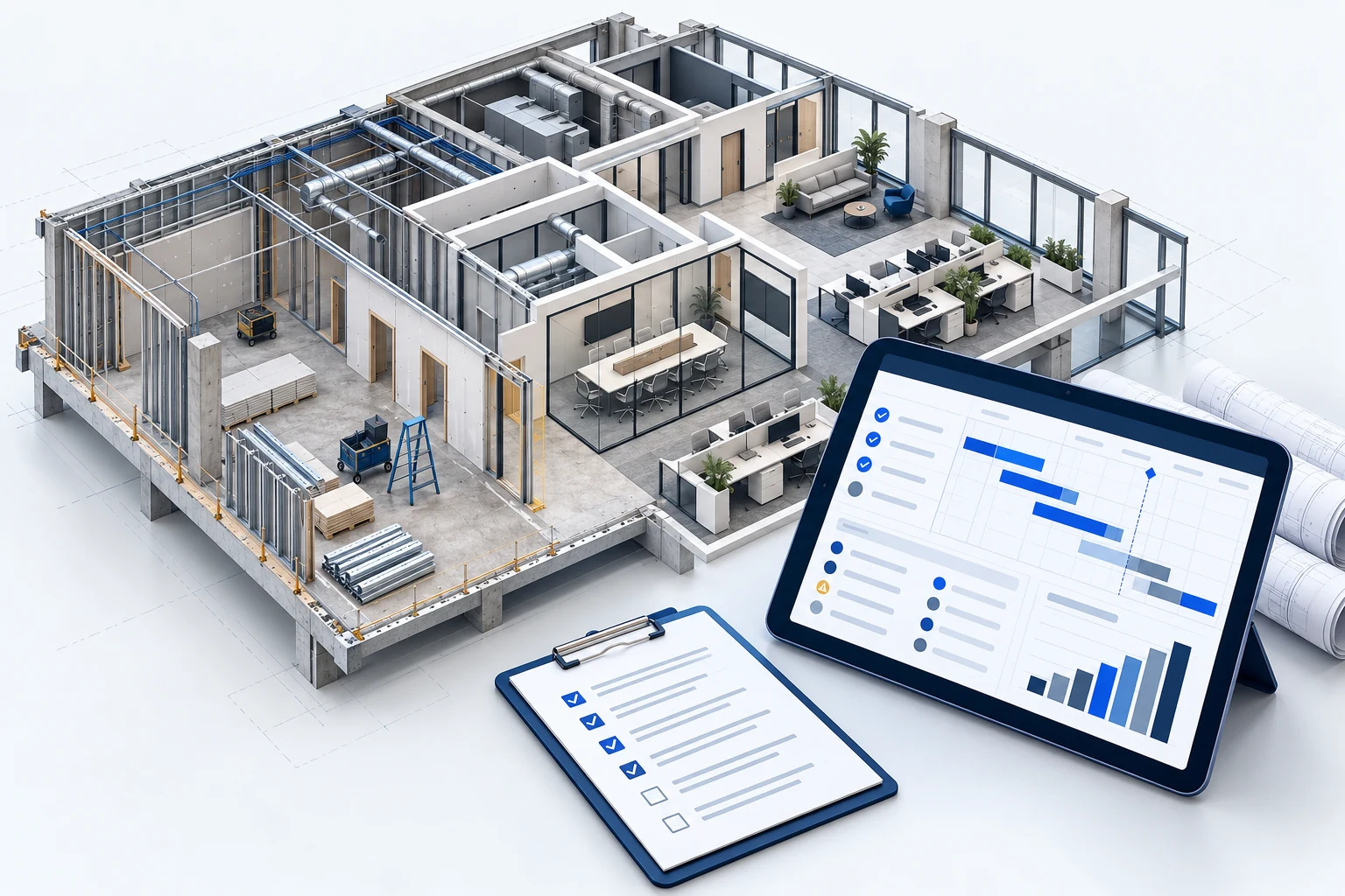 Construction management dashboard with schedule, progress review and project checklist.