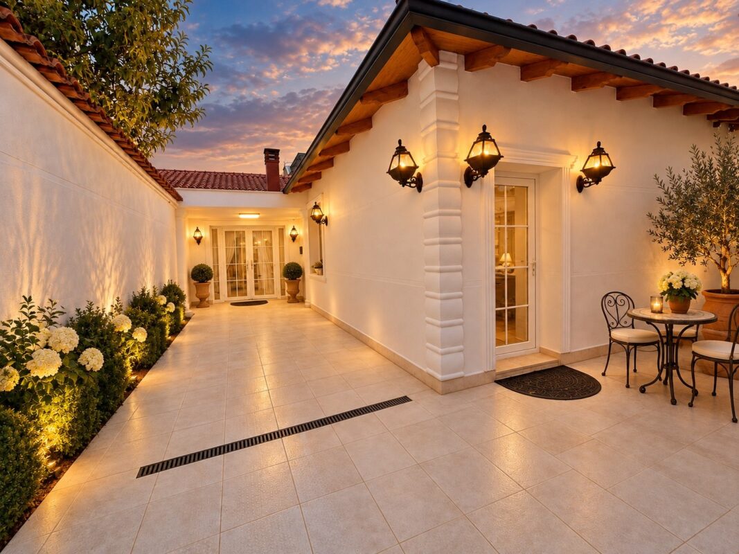 Illuminated courtyard at dusk with planted borders and bistro seating.