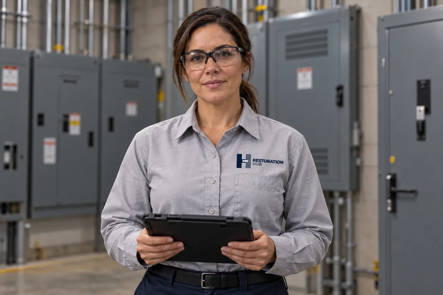 Electrical service coordinator holding a tablet, with the Restoration Hub logo on the left chest of her uniform.