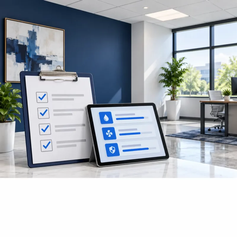Illustration of documented repair closeout in a restored commercial office.