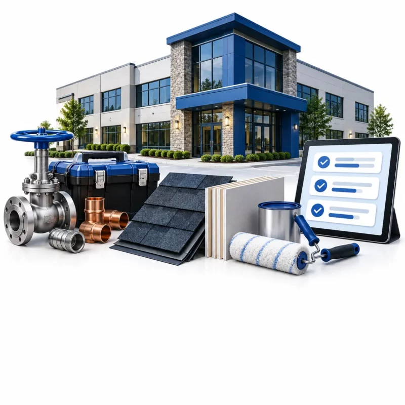 Illustration of coordinated plumbing, roofing, drywall, painting, and other facility repairs.
