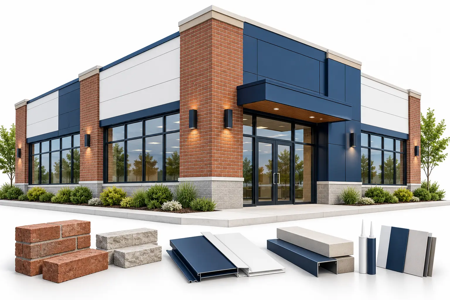 Commercial exterior illustration with brick masonry, cladding, windows and material samples.