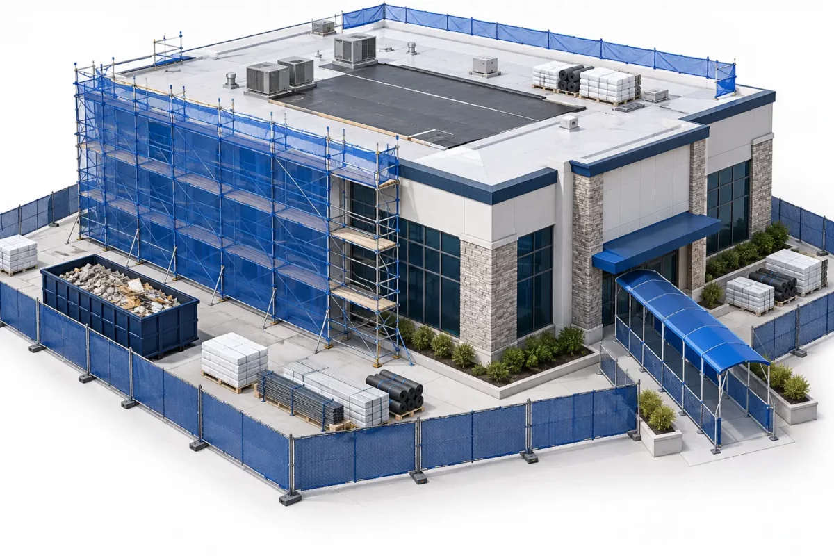 Commercial exterior work planned with scaffolding, protected entry, barricades and organized material staging.