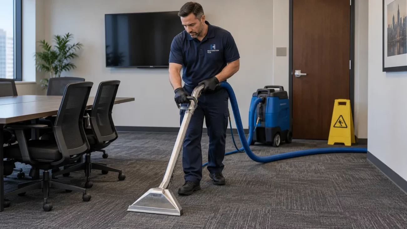 Restoration Hub technician in a branded navy uniform extracting soil from office carpet, with a caution sign beside the work area.
