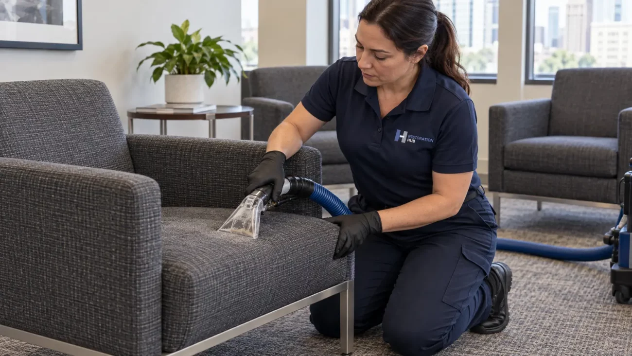 Restoration Hub technician in a branded navy uniform cleaning a commercial lounge chair with an upholstery extraction tool.