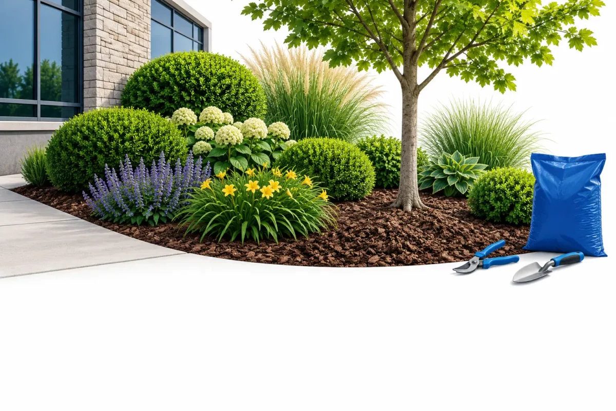 Commercial planting-bed care concept with shrubs, perennials, mulch, pruning shears, and trowel.
