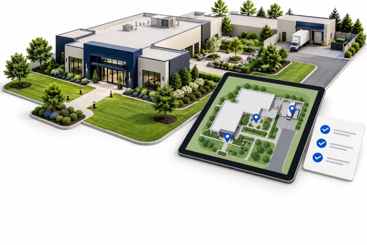 Commercial grounds service-plan concept showing landscaped entrance, courtyard, loading area, site map, and checklist.