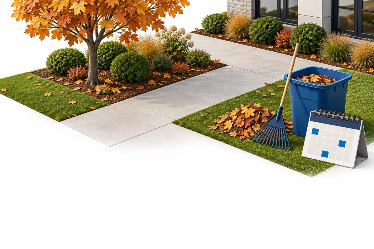 Seasonal grounds cleanup concept with autumn leaves, rake, collection bin, and maintenance calendar.
