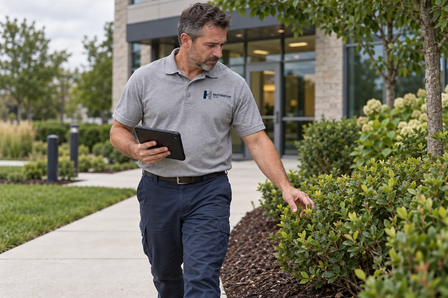 Grounds supervisor assessing commercial planting beds, wearing the Restoration Hub logo on the left chest.