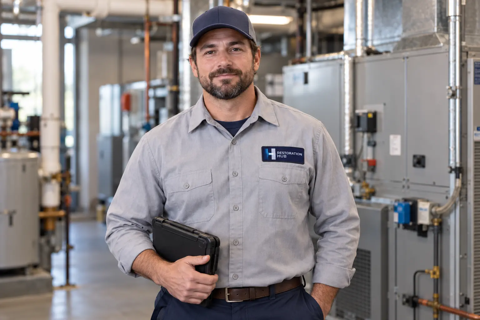 Restoration Hub technician holding a tablet beside commercial heating and ventilation equipment.