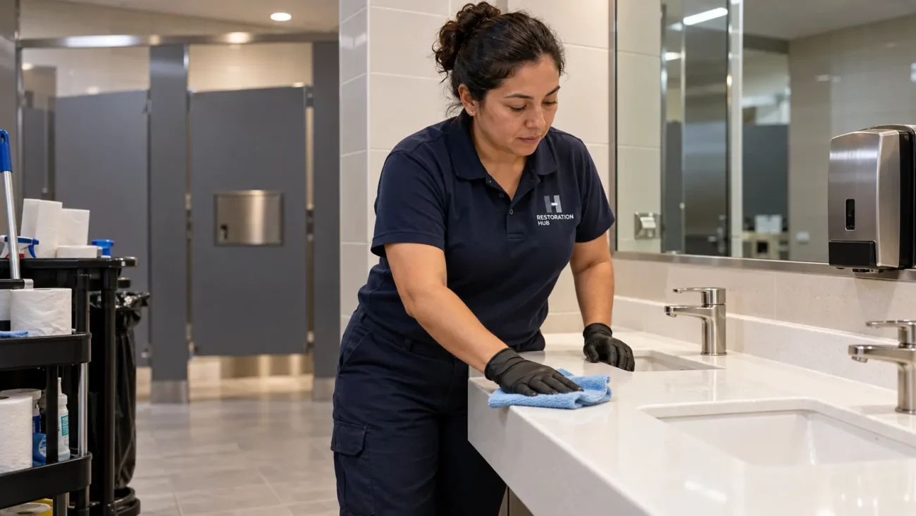 Restoration Hub janitorial worker wearing a branded navy uniform and gloves while wiping a commercial restroom sink counter.