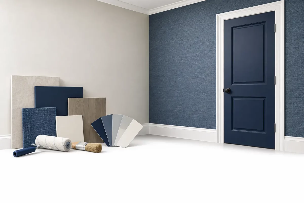 Commercial interior finish concept with wallcovering, painted door, trim, and coordinated finish samples.