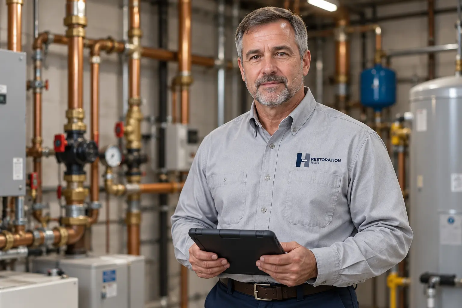Plumbing service technician holding a tablet in a utility room, with the Restoration Hub logo on the left chest.