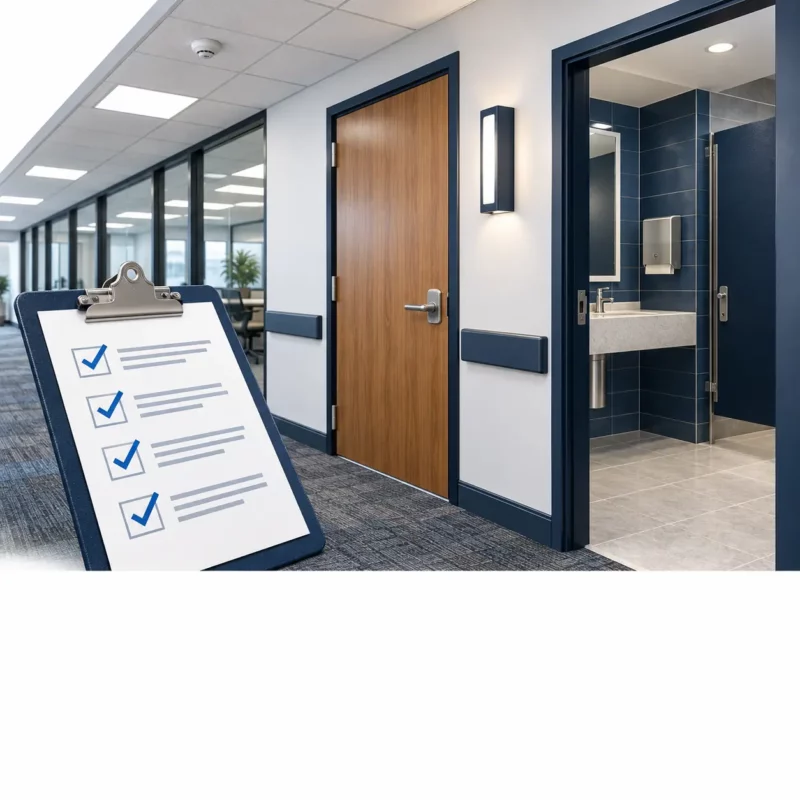 Illustration of recurring inspections covering commercial doors, ceilings, lighting, and restroom conditions.