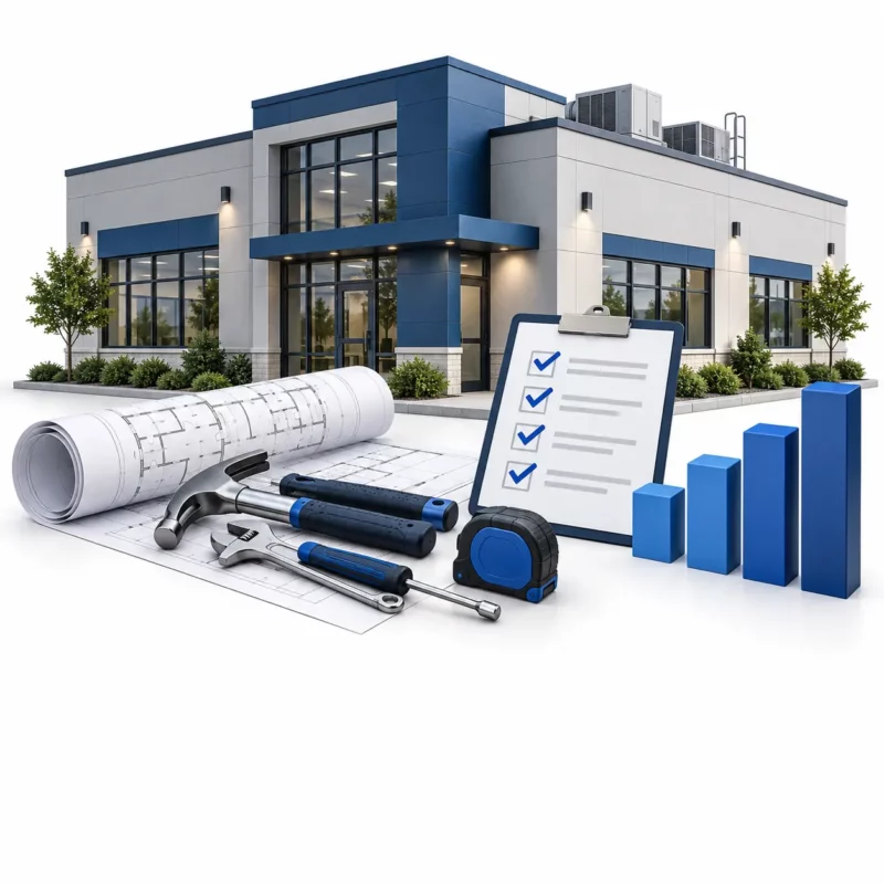Illustration of planned facility repairs, building condition records, tools, and budgeting.