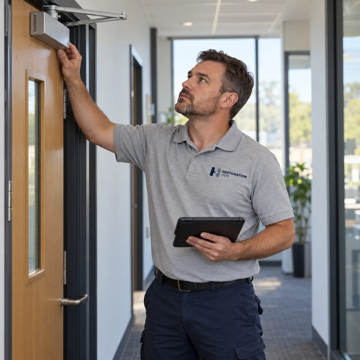 Restoration Hub technician inspecting an office door closer with a maintenance tablet.