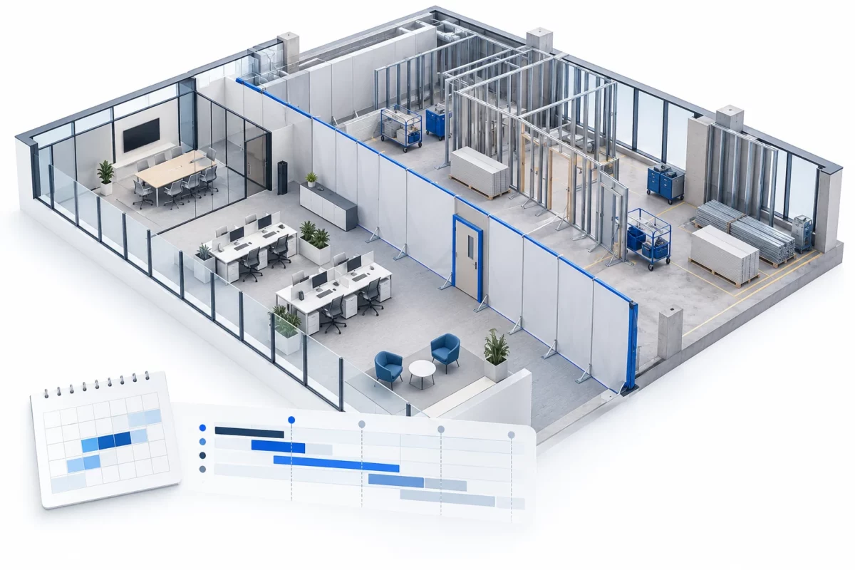 Phased commercial office renovation with temporary protection separating occupied space from construction.