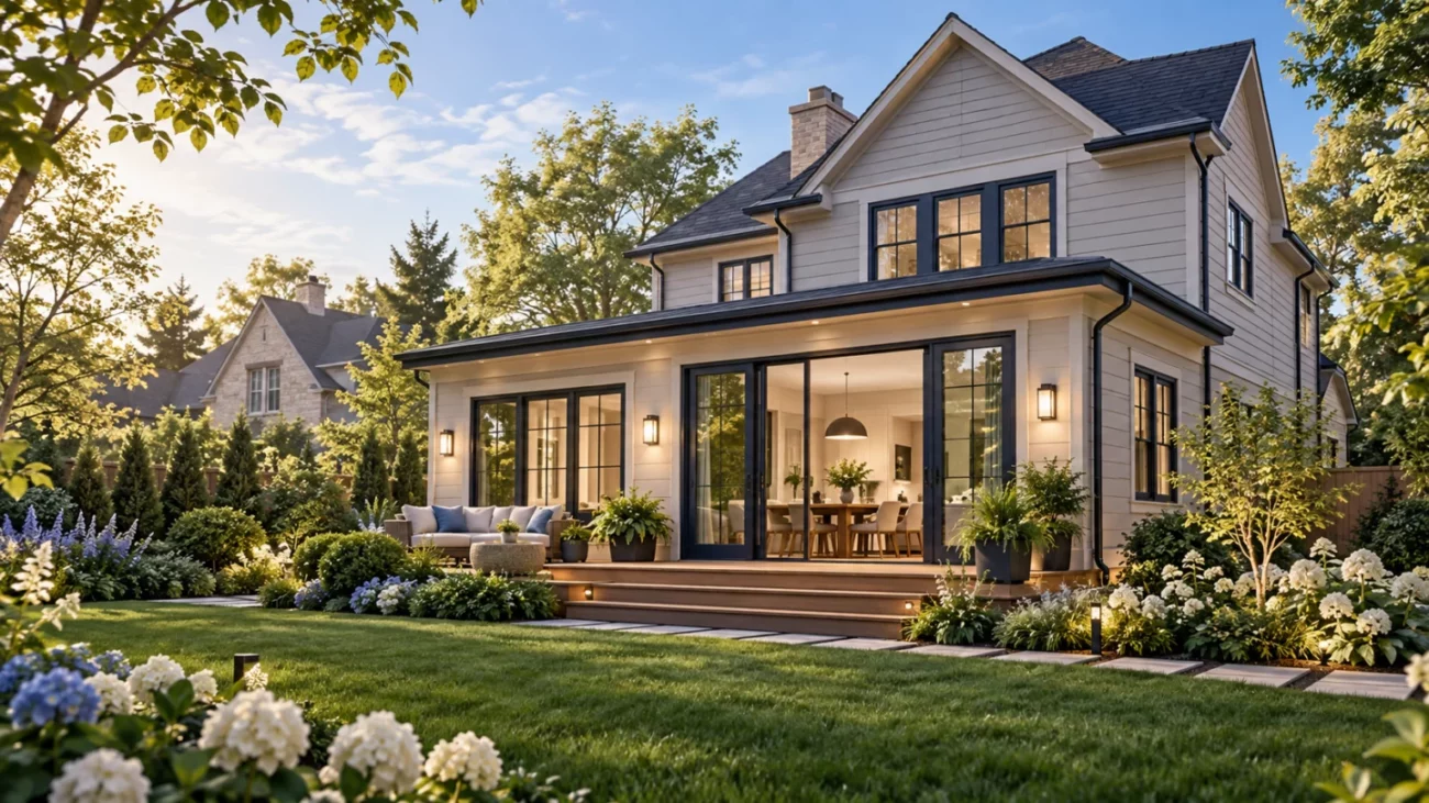 Home addition concept illustration showing a garden-facing extension integrated with an existing suburban house.