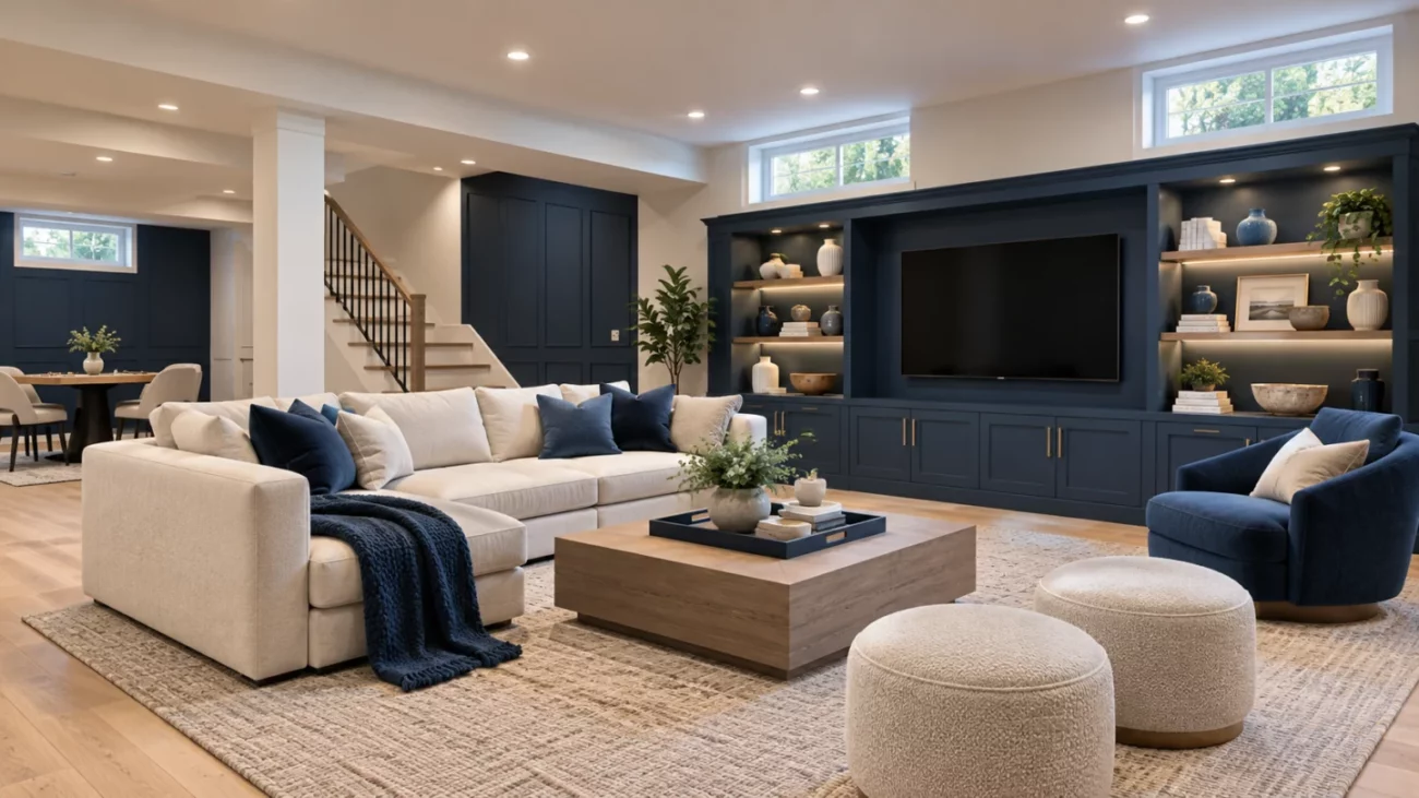 Finished basement concept illustration with family seating, shelving, recessed lights, and high windows.