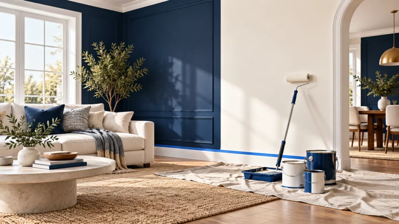 Residential painting concept illustration with refreshed living-room walls, paint supplies, and protected floor edges.