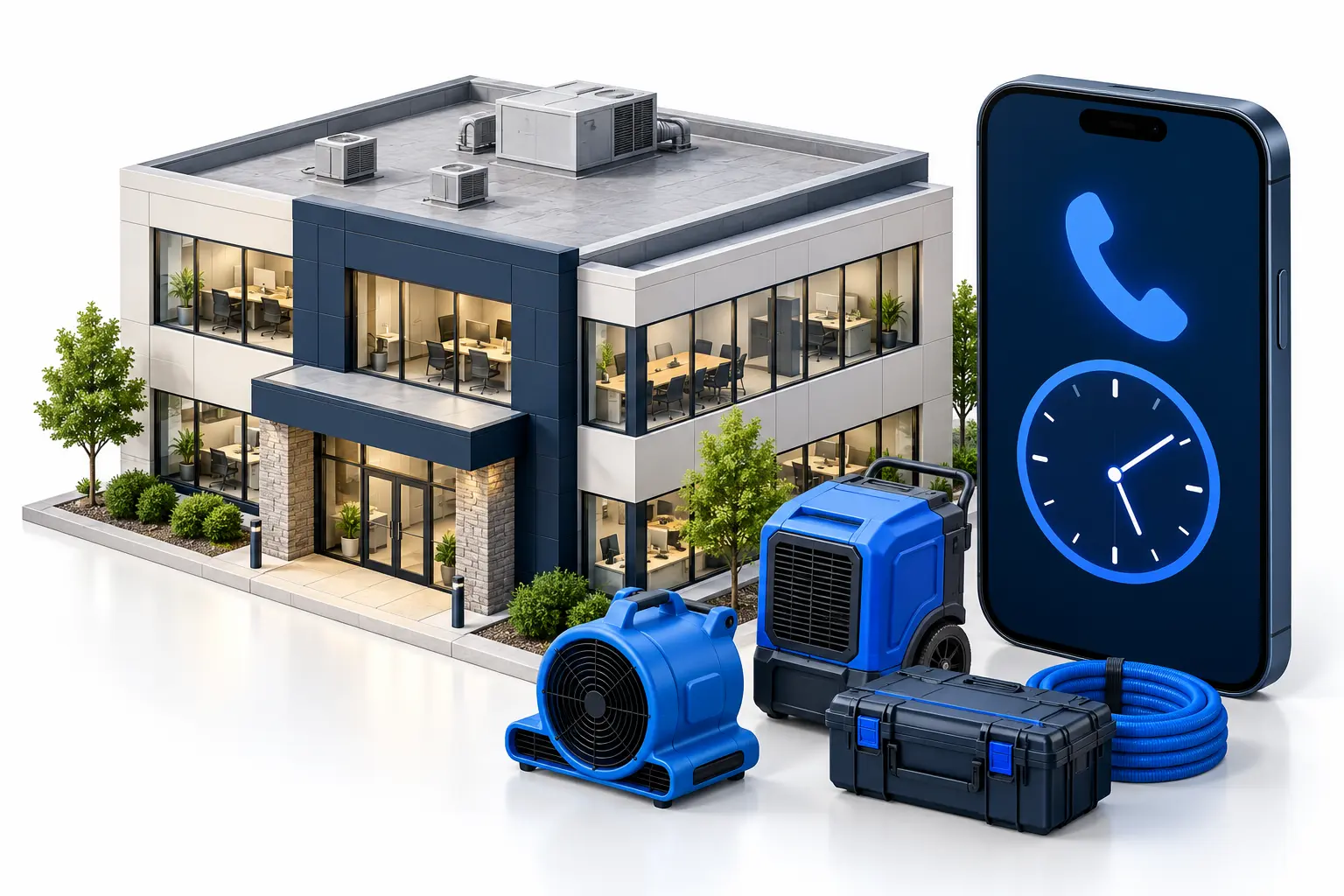 Round-the-clock property restoration support illustrated with a commercial building, phone, clock and drying equipment.