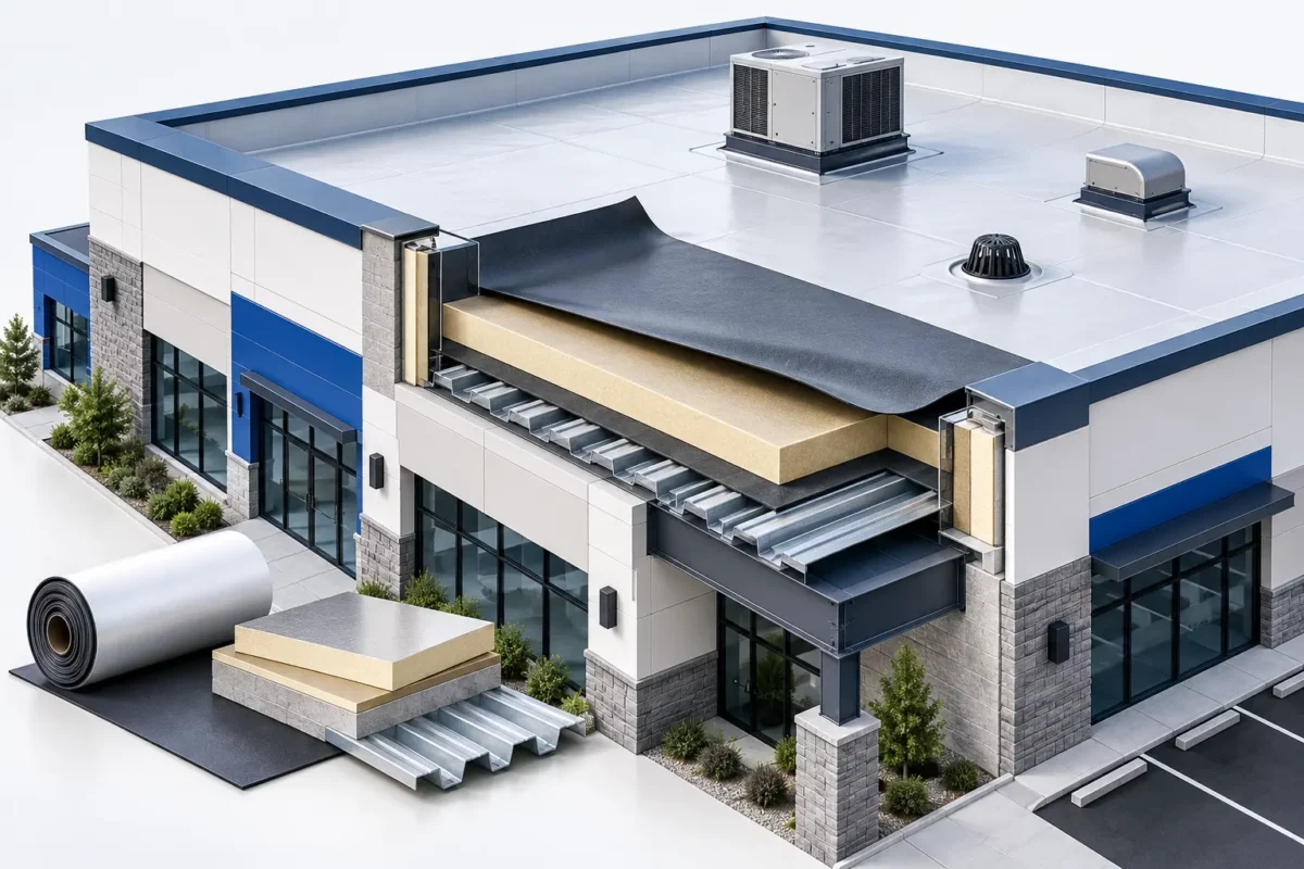 Conceptual commercial roof assembly illustration with membrane, insulation, metal deck and rooftop details.