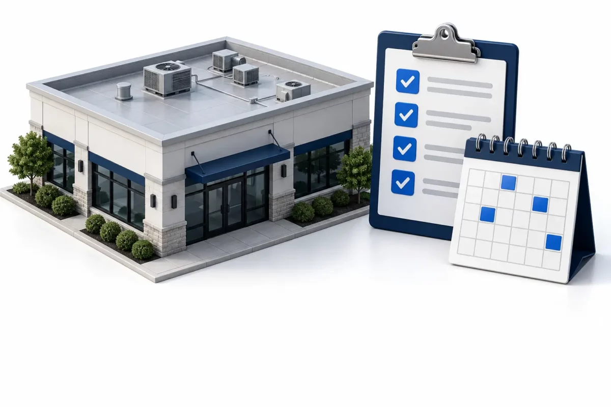 Commercial flat roof with inspection checklist and seasonal maintenance calendar.