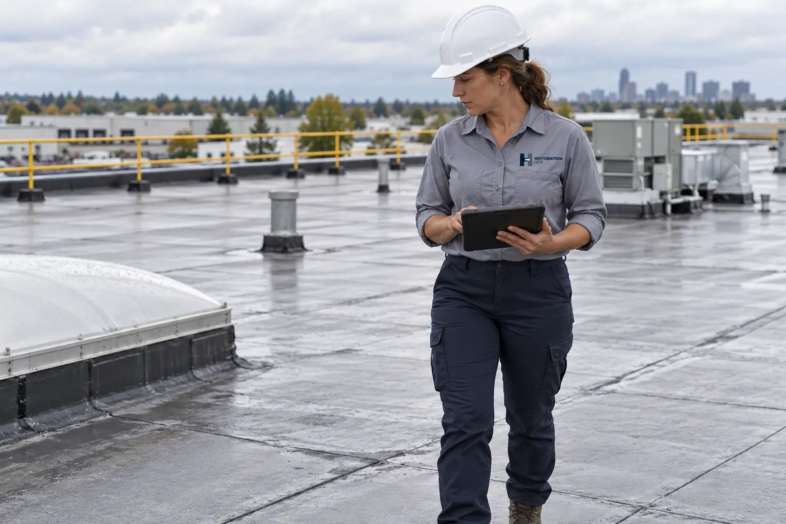 Roofing technician reviewing a tablet on a commercial roof, wearing the Restoration Hub logo on the left chest.