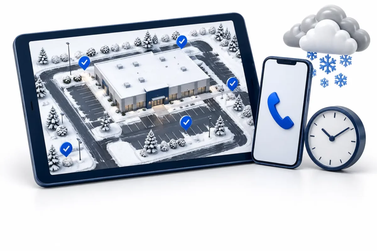 Winter storm coordination concept with commercial site plan, phone, clock, and snowfall symbol.