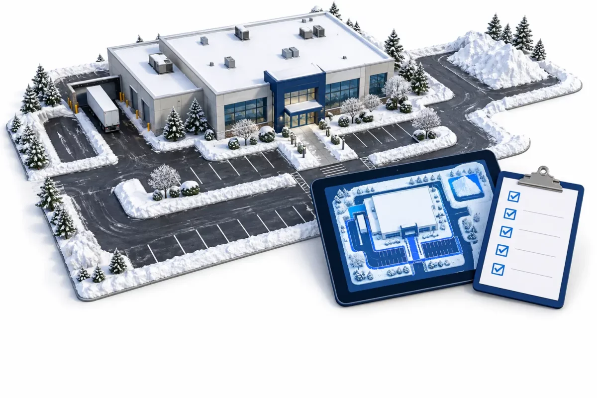 Winter commercial property planning concept with cleared routes, site map, and service checklist.