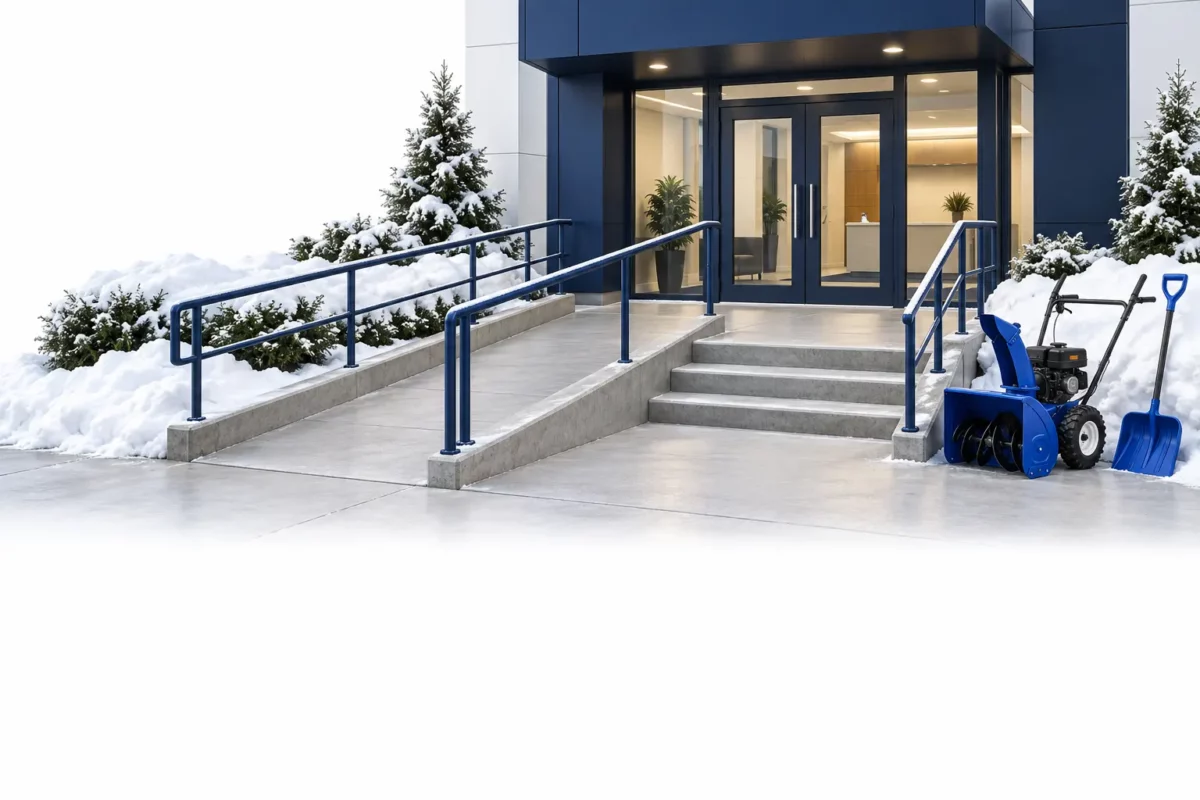 Pedestrian snow-clearing concept with cleared entrance, ramp, stairs, snowblower, and shovel.
