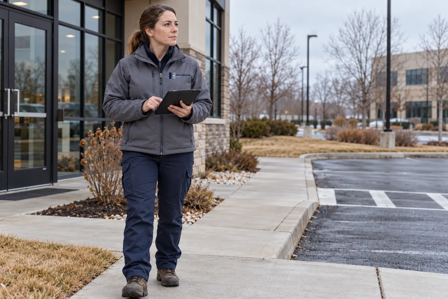 Winter-service supervisor reviewing commercial entrance and parking routes before snowfall, wearing the Restoration Hub logo on the left chest.