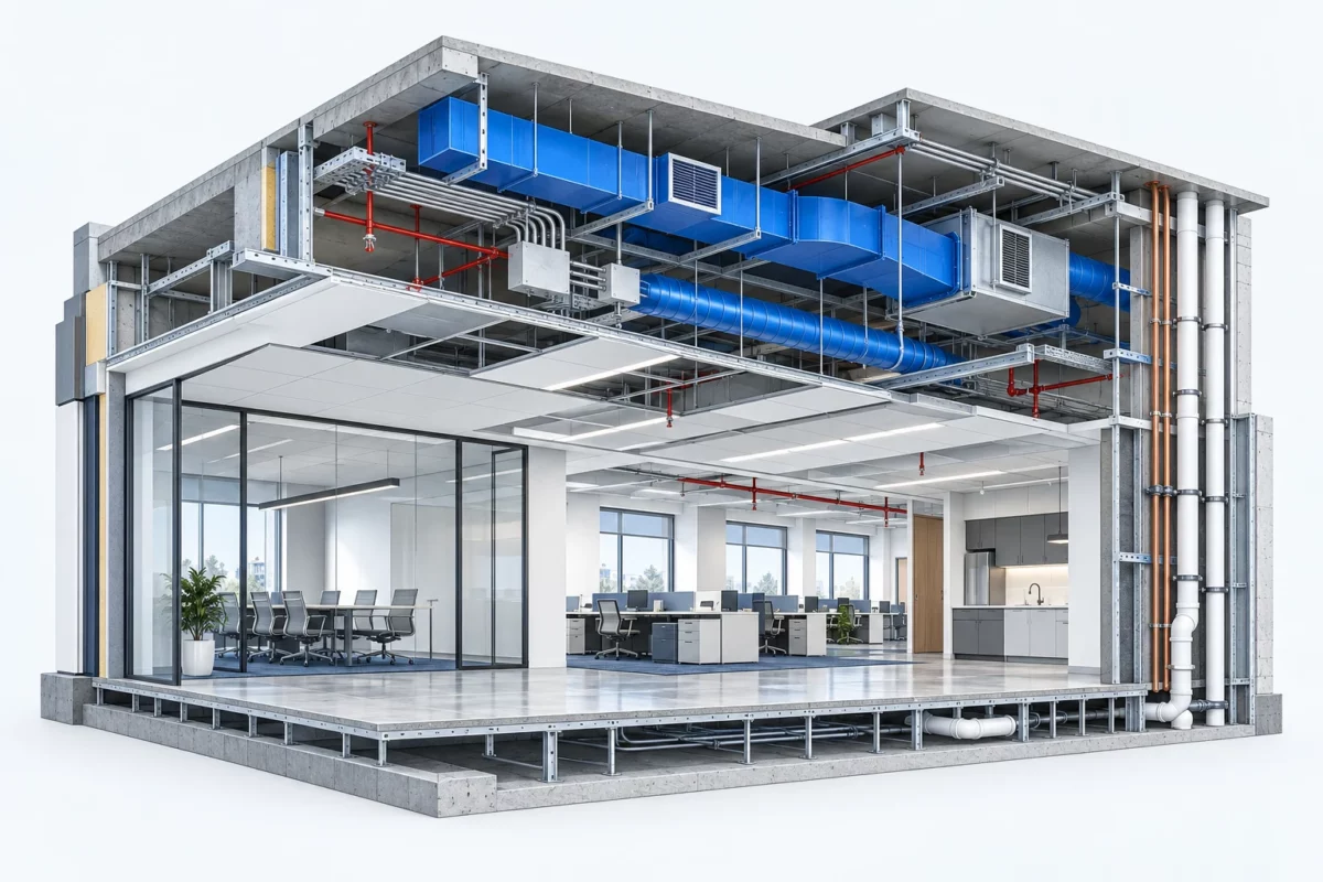 Cutaway illustration showing HVAC ducts, electrical routes, and plumbing coordinated above an office ceiling.
