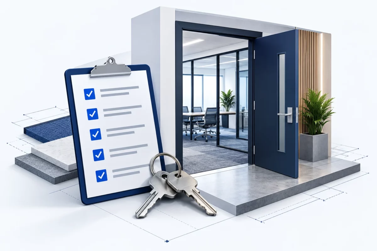 Finished commercial doorway, keys and completed punch list for tenant handover.