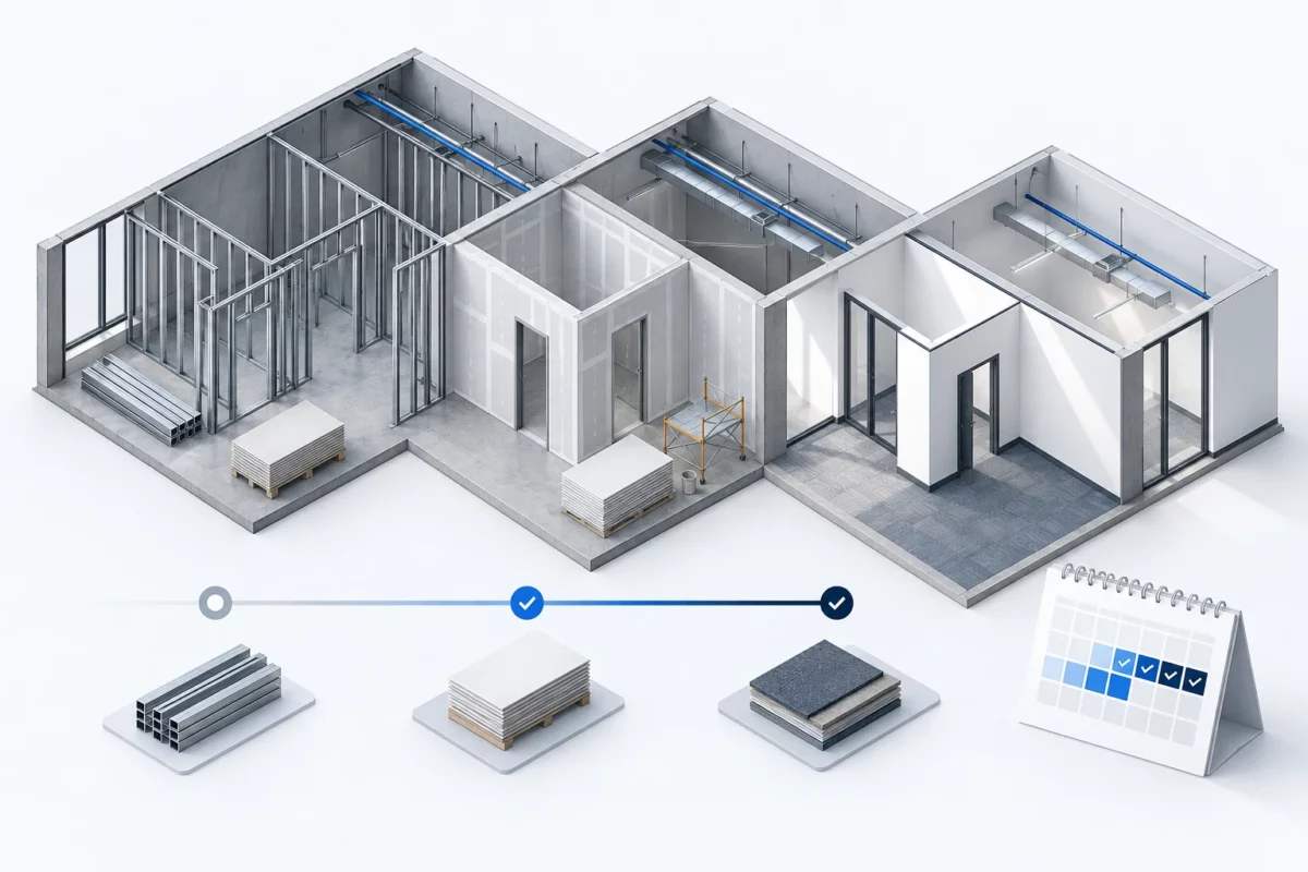 Commercial construction stages from framing through finished interior.