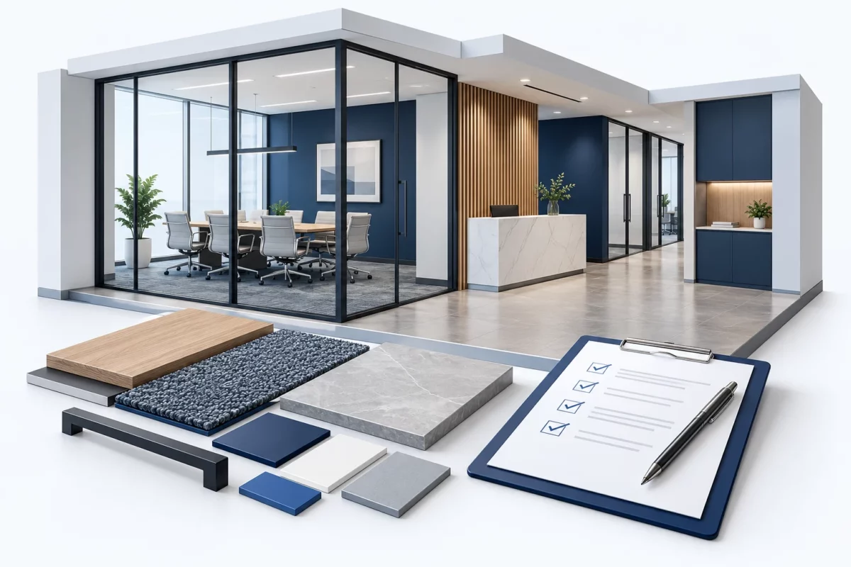 Illustration of a finished office, material samples, and a punch-list checklist for project turnover.