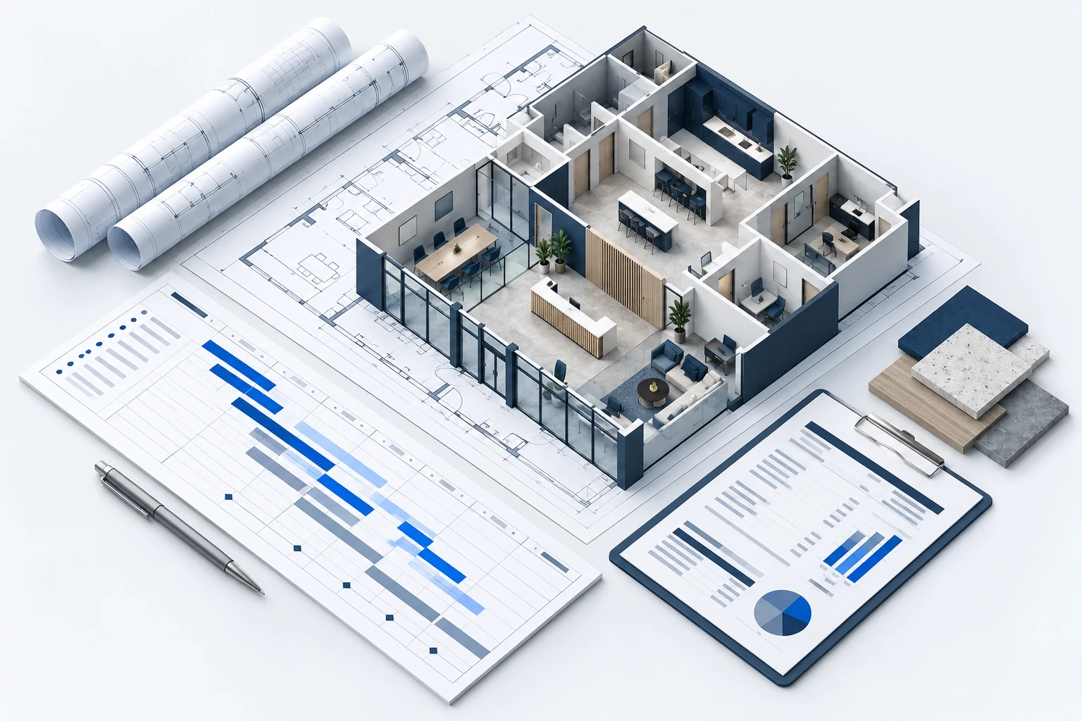 Coordinated commercial build-out plan with floor plans, schedule and budget.