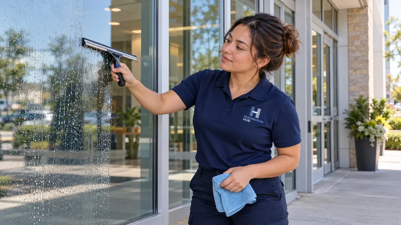 Restoration Hub technician using a squeegee to clean ground-level storefront glass.