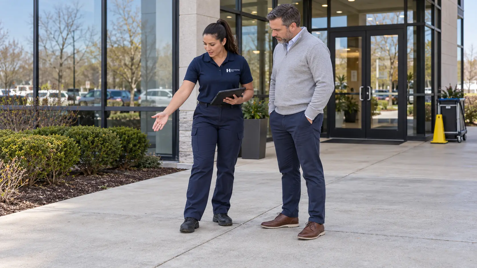 Restoration Hub exterior-cleaning supervisor reviewing a commercial entrance walkway with a property manager.